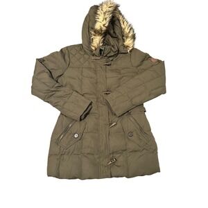 Lauren Ralph Lauren Women's Olive Green Down Puffer Coat Faux Fur Hood Toggle XS